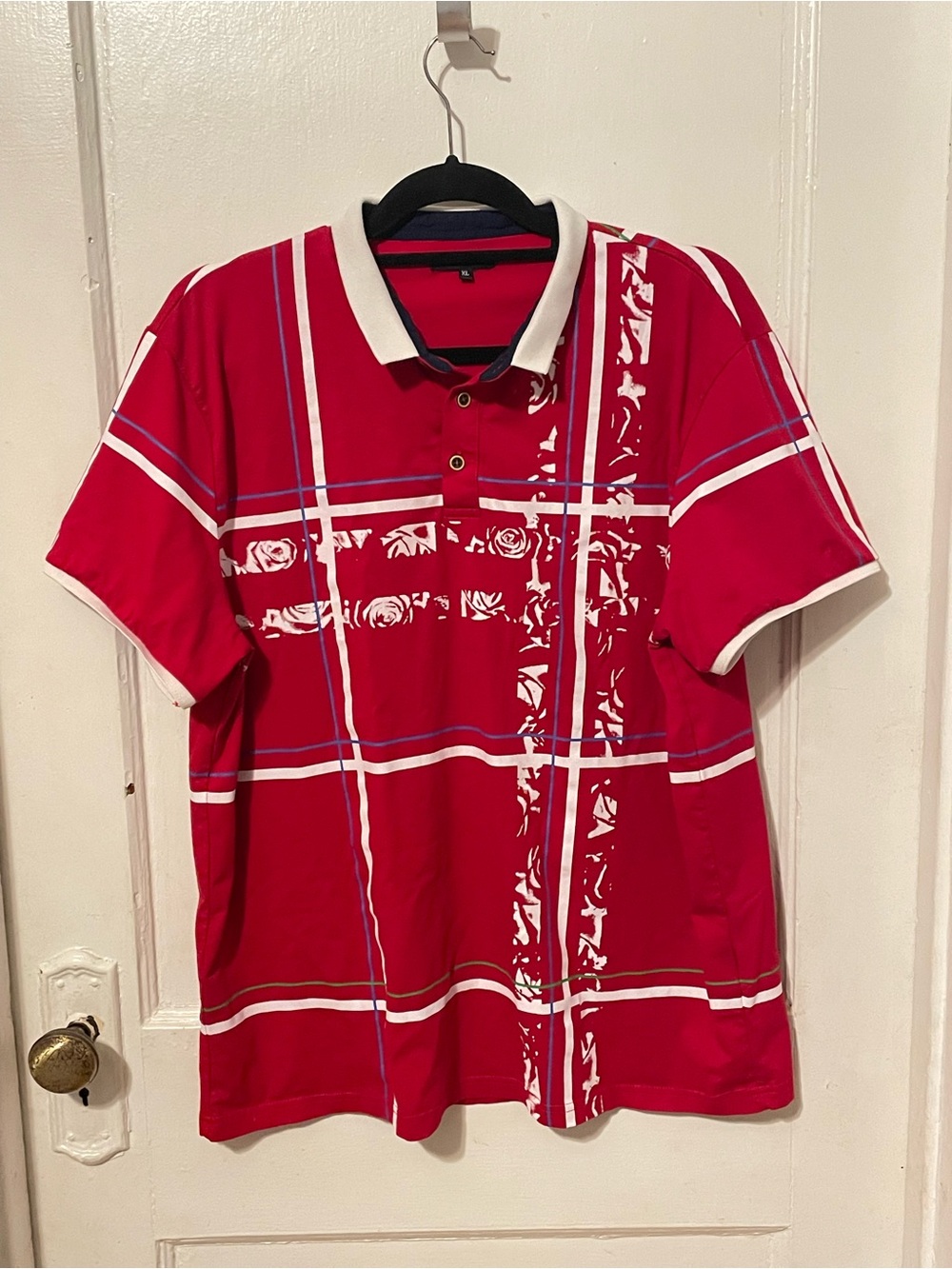 Men's Red Plaid Polo with Contrast Collar